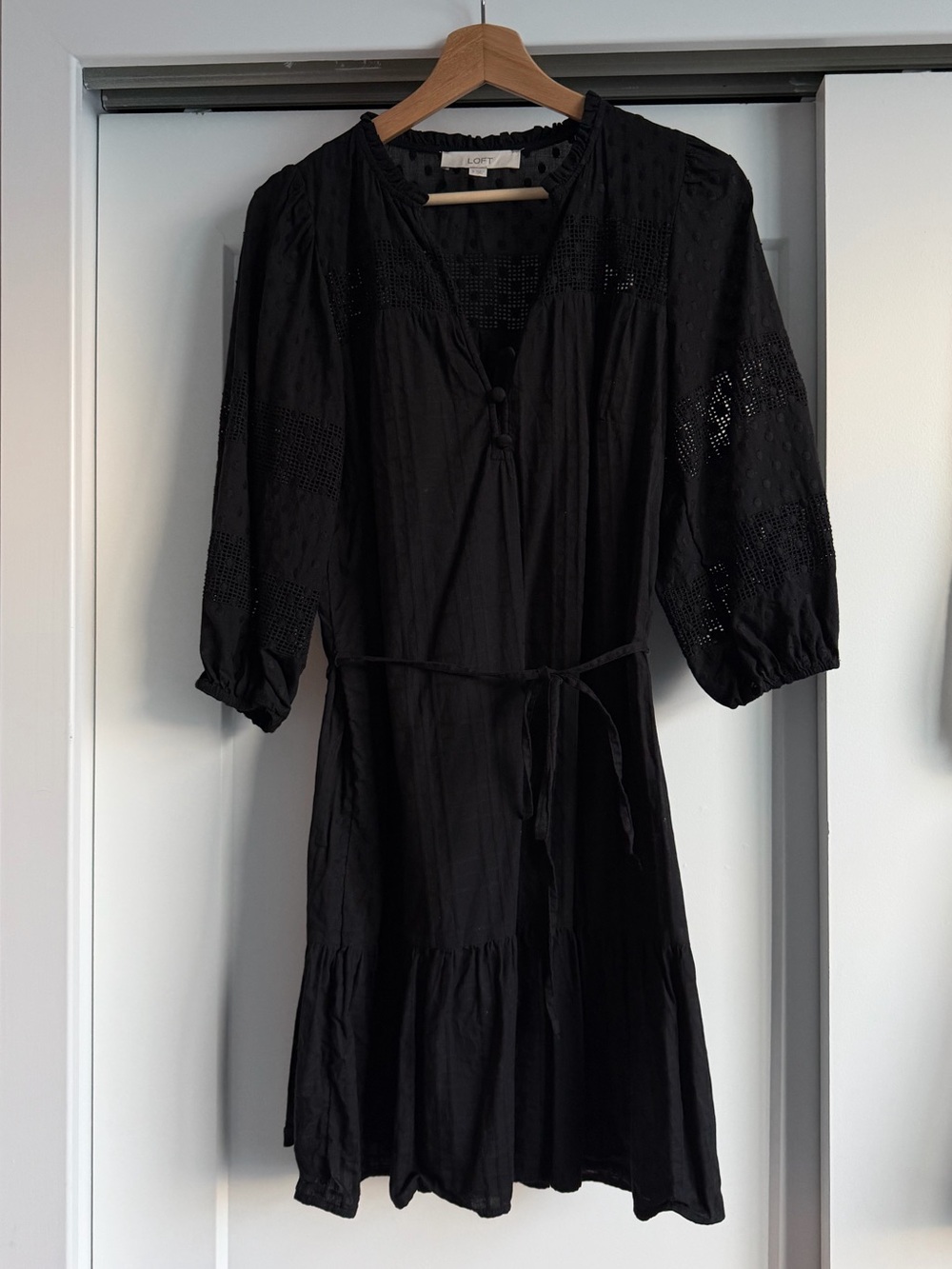 LOFT Black Eyelet Mini Dress with Tie
